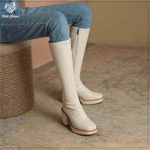 nwot custom-made knee high square toe platform boots in ivory